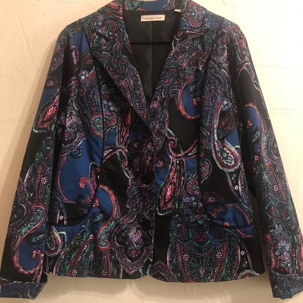 Coldwater Creek Jacket/Blazer. lightweight fully lined. Black & Blue Paisley.